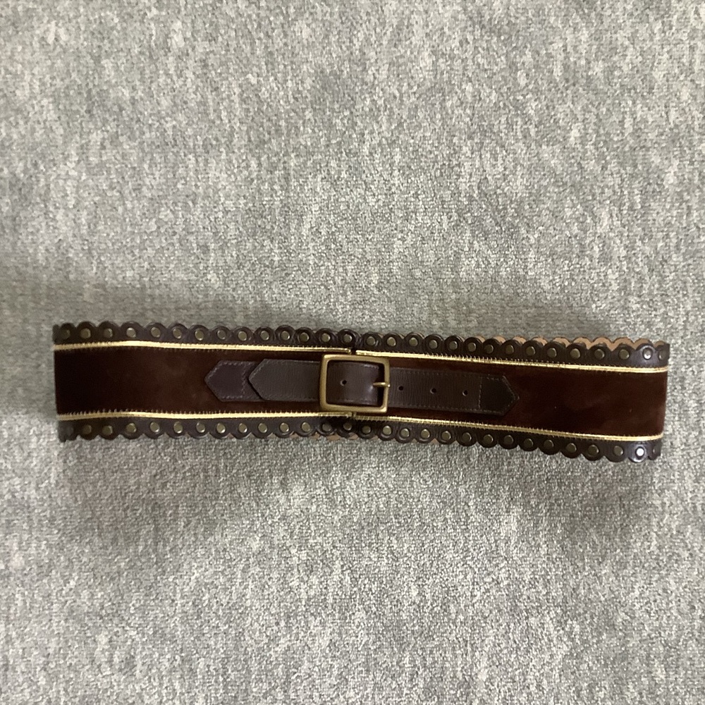 Brown Suede Leather Scallop Belt with Gold Accents Sz. L - Picture 1 of 6